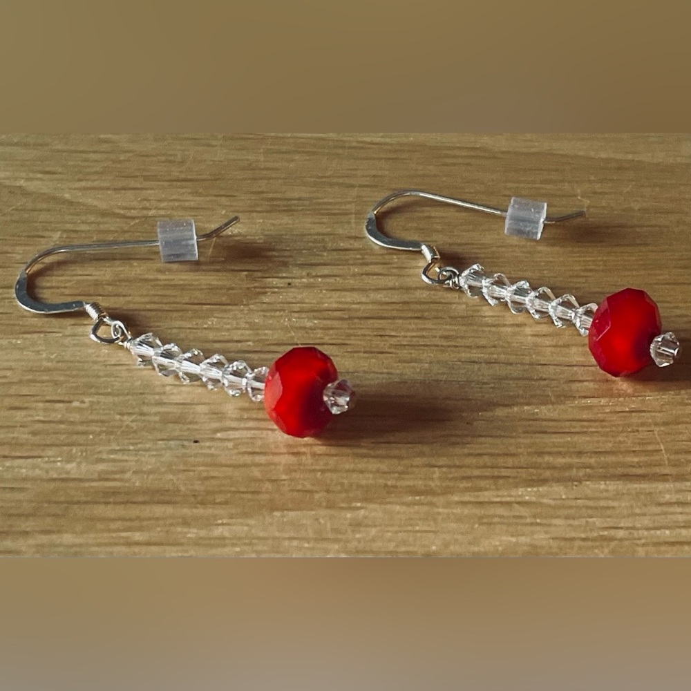 RUBY and WHITE SWAROVSKI CRYSTAL DANGLE EARRINGS.